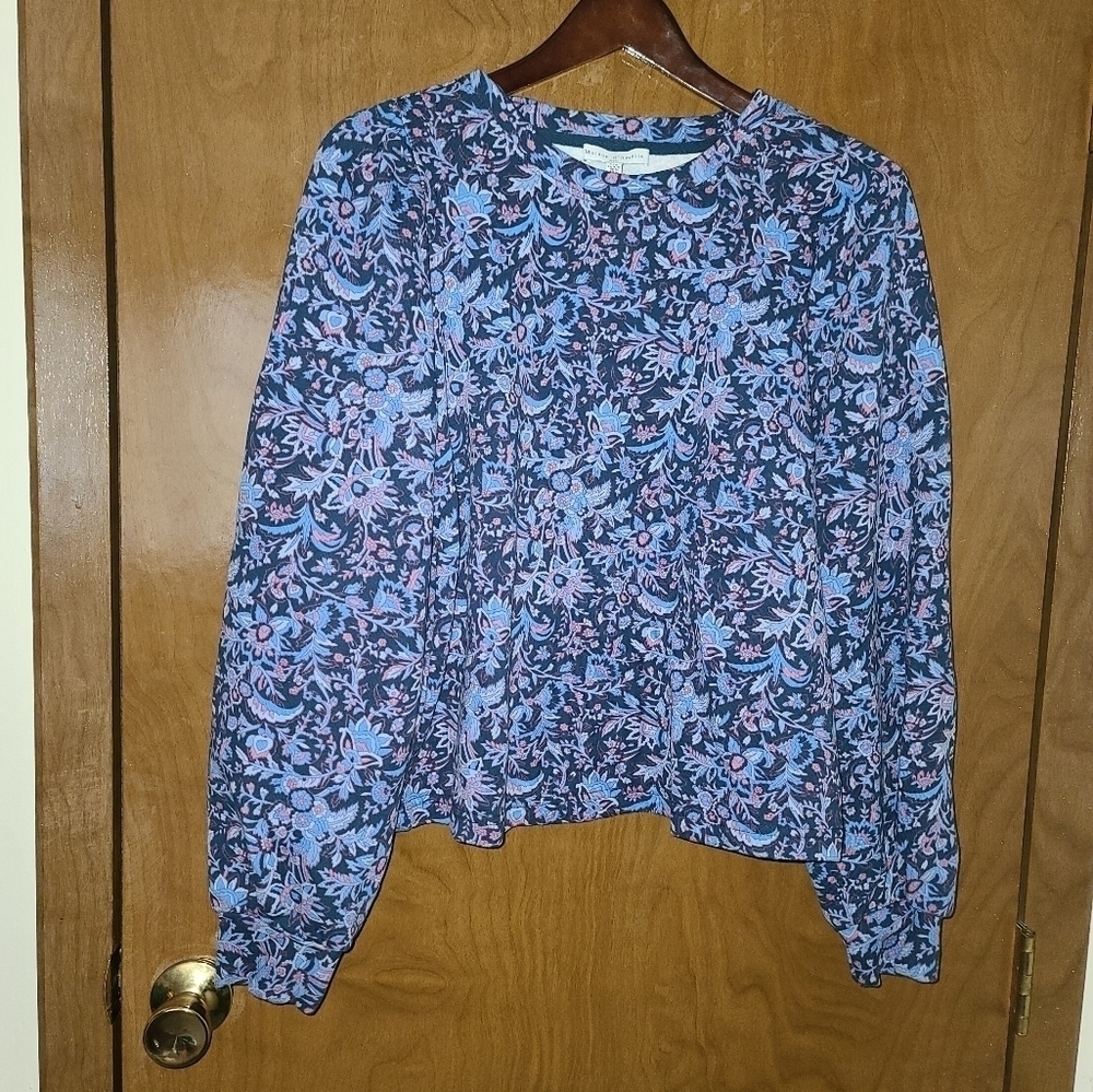 MAISON d'Amelie Paris Peri Blue Floral Jersey Pullover Long Puff Sleeve Top Sz.M